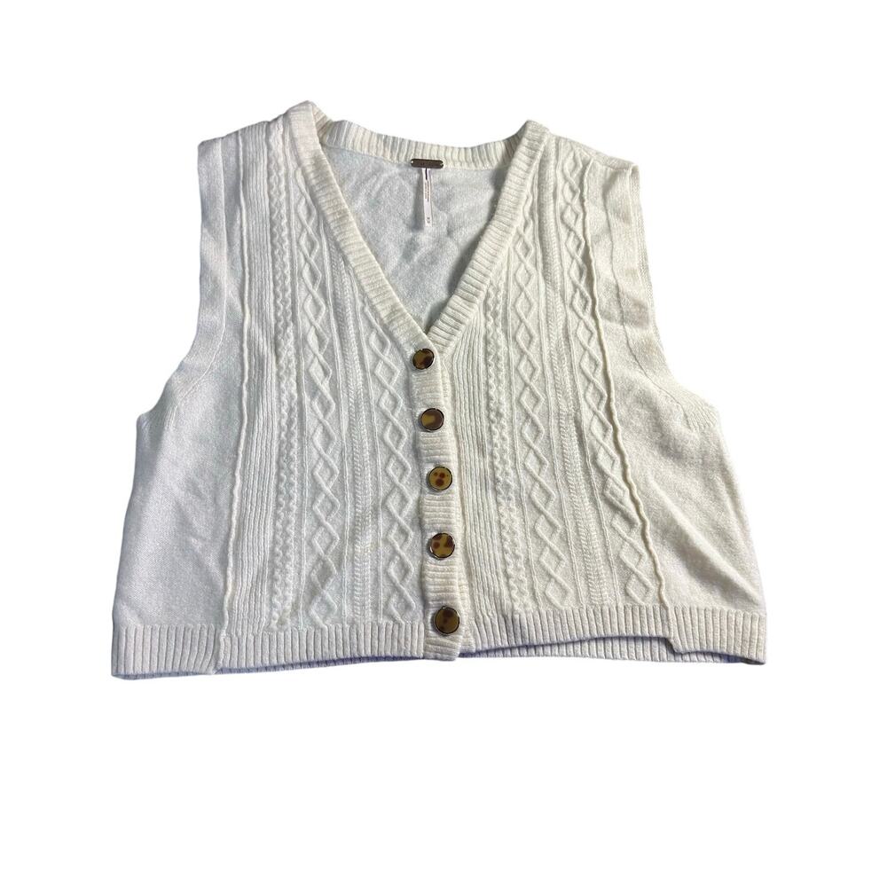 Free People Beatrice 100% Cashmere Cable Knit Vest M Ivory Button Front